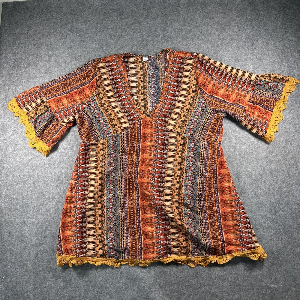 Brown Coco Tribal Print Tunic Top 2XL Multi-Color Crochet Lace Trim